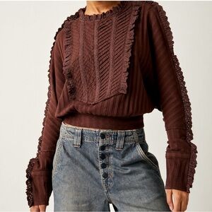 Free People More Romance Eyelet Lace Ruffle Mocha Shirt- Small